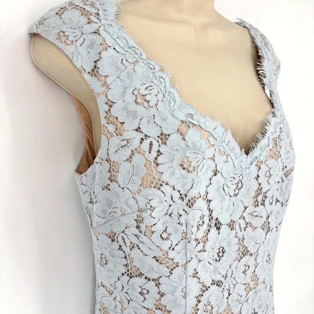 Eliza J Light Blue Floral Lace V-Neck Sheath Dress Eyelash Trim Petite 12P NEW